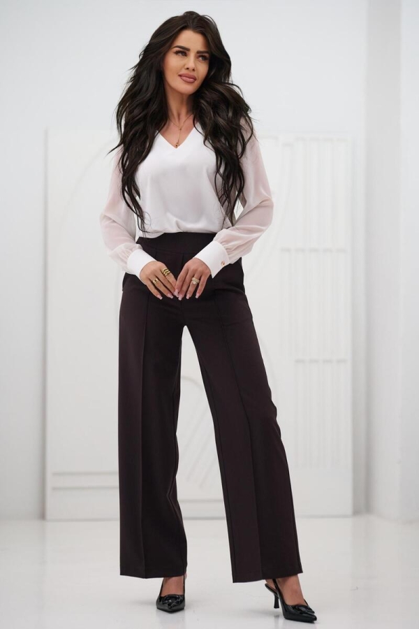 Elegancka bluzka damska z szyfonowym długim rękawem dekolt V mankiety z guzikiem - kremowa